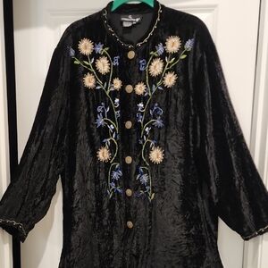 Carole Little Black Crushed Velvet Floral Embroidered Button Up Tunic/Jacket 2x